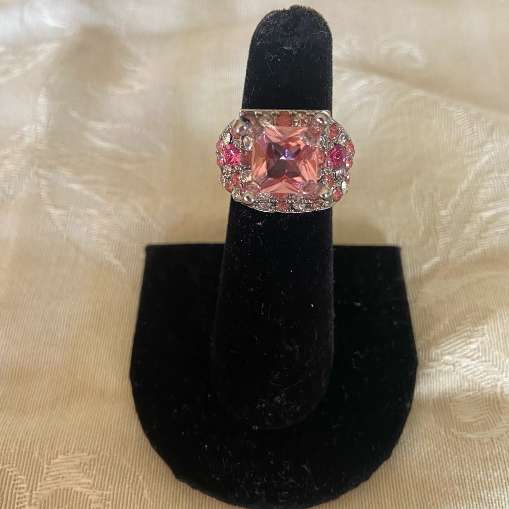 silver and simulated pink topaz ring set